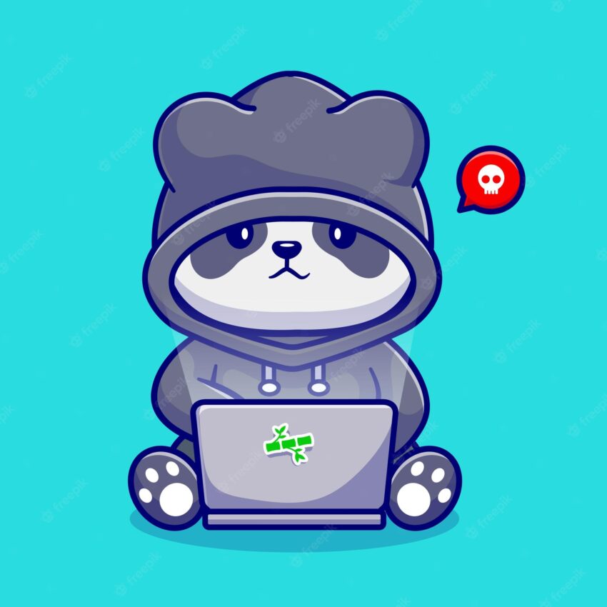 Cute panda hacker operating laptop cartoon vector icon illustration. animal technology icon isolated