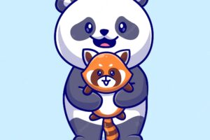 Cute panda holding baby red panda cartoon vector icon illustration. animal nature icon isolated flat