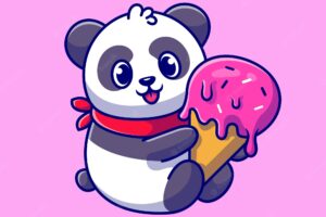 Cute panda holding ice cream cone cartoon icon illustration.
