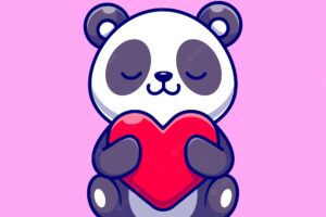 Cute panda holding love heart cartoon vector icon illustration. animal nature icon concept isolated premium vector. flat cartoon style