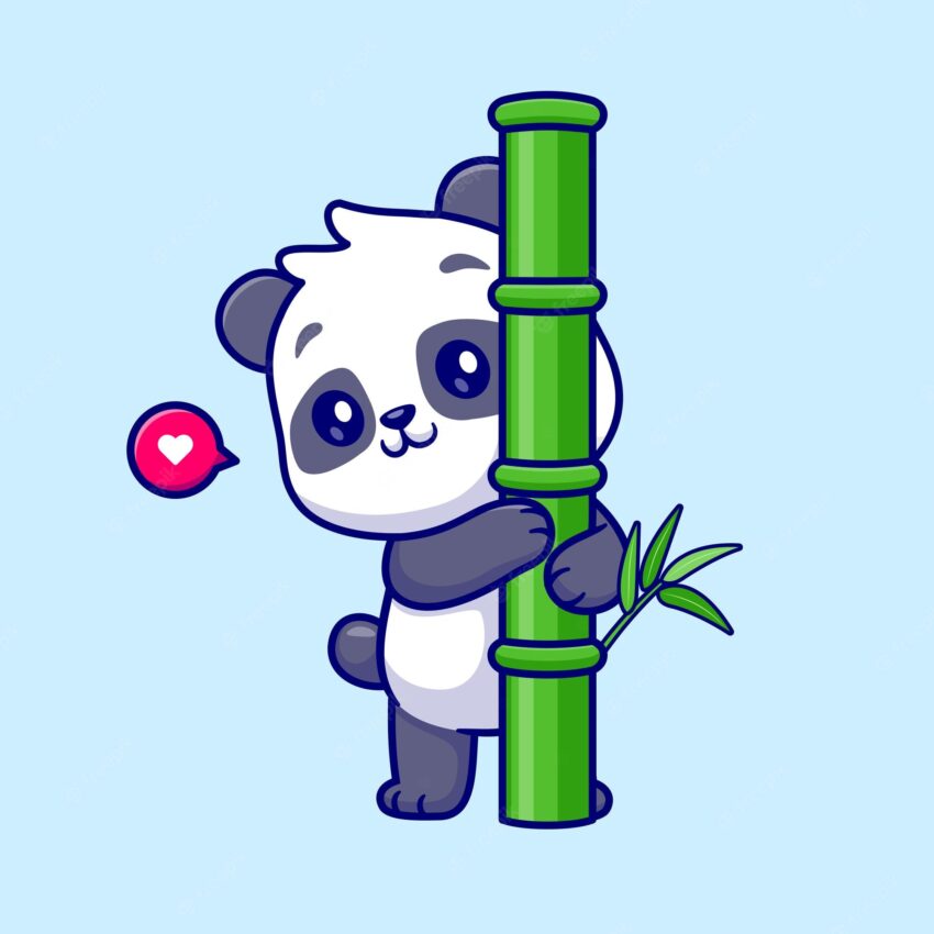 Cute panda hug bamboo cartoon vector icon illustration. animal food icon concept isolated premium