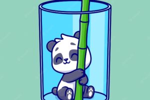 Cute panda hug bamboo in glass cartoon vector icon illustration. animal nature icon concept isolated