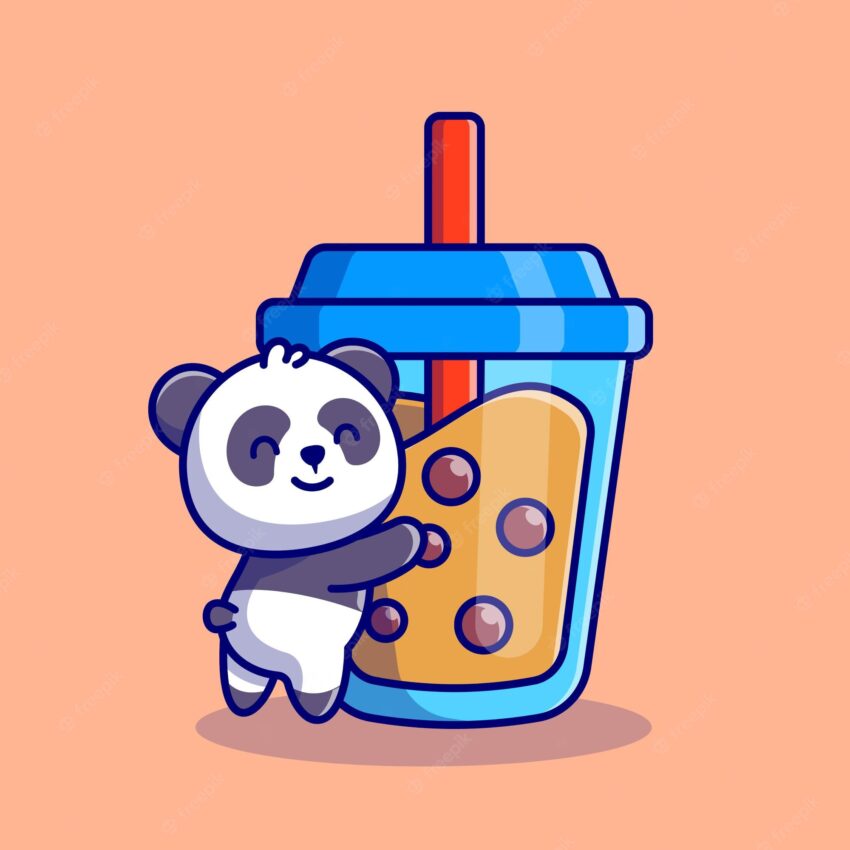 Cute panda hug boba milk tea cartoon icon illustration. animal drink icon concept premium. flat cartoon style