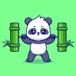 Cute panda lifting bamboo barbell cartoon vector icon illustration animal nature icon isolated