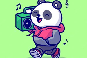 Cute panda listening music with boombox cartoon vector icon illustration. animal music isolated flat