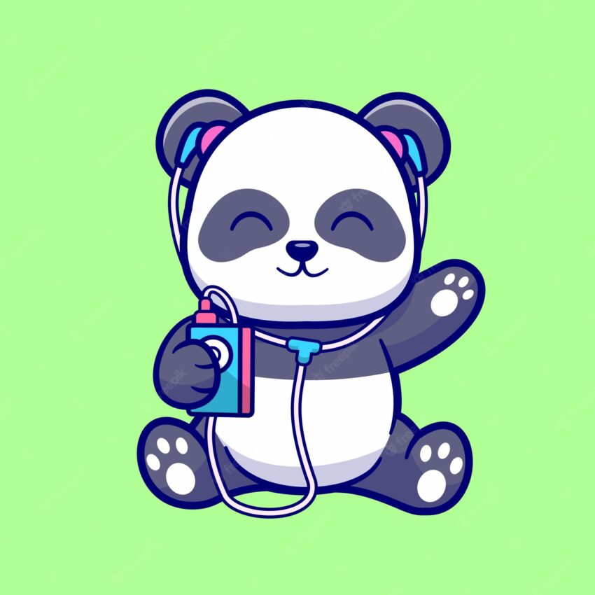 Cute panda listening music with earphone cartoon vector icon illustration. animal music isolated