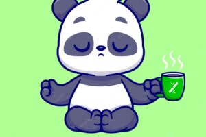 Cute panda meditation yoga with coffee cartoon vector icon illustration. animal sport isolated flat