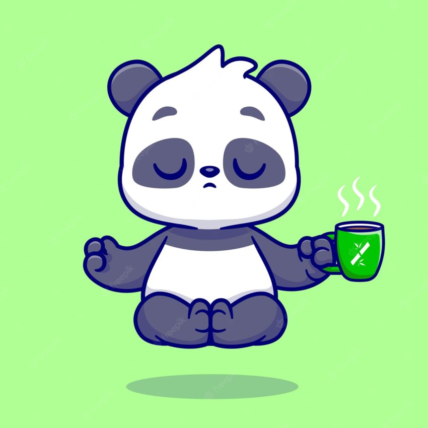 Cute panda meditation yoga with coffee cartoon vector icon illustration. animal sport isolated flat