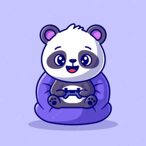 Cute panda playing game cartoon vector icon illustration. animal technology icon concept isolated premium vector. flat cartoon style
