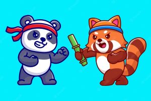 Cute panda and red panda fighting cartoon vector icon illustration. animal nature icon isolated flat
