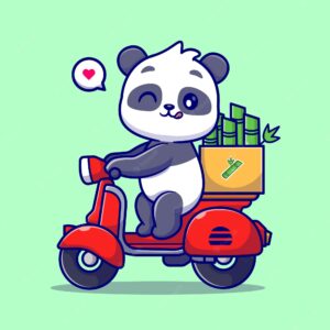 Cute panda riding scooter with bamboo box cartoon vector icon illustration. animal transportation