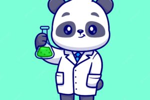 Cute panda scientist holding lab tube cartoon vector icon illustration. animal science isolated flat