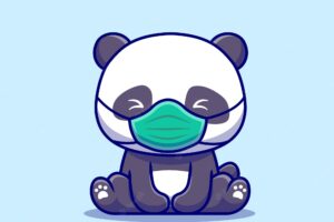 Cute panda sitting and wearing mask cartoon   icon illustration. animal healthy icon concept isolated  . flat cartoon style