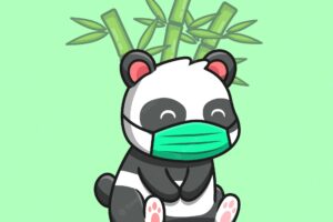 Cute panda sitting and wearing mask with bamboo cartoon vector  illustration. animal nature  concept isolated premium vector. flat cartoon style