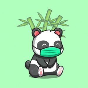 Cute panda sitting and wearing mask with bamboo cartoon vector  illustration. animal nature  concept isolated premium vector. flat cartoon style