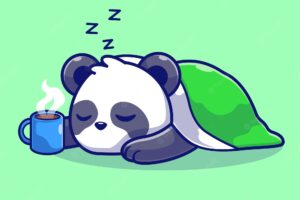Cute panda sleeping with coffee and blanket cartoon vector icon illustration. animal nature isolated
