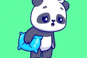 Cute panda sleepy holding pillow cartoon vector icon illustration animal nature icon isolated