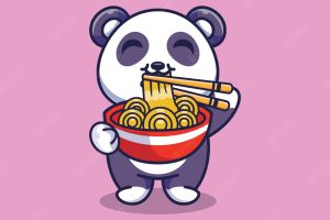 Cute panda standing eating ramen noodles with chopsticks cartoon icon illustration
