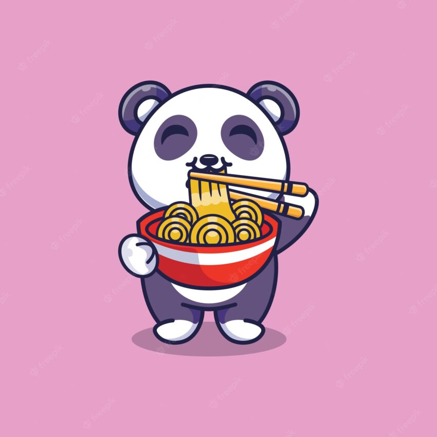 Cute panda standing eating ramen noodles with chopsticks cartoon icon illustration