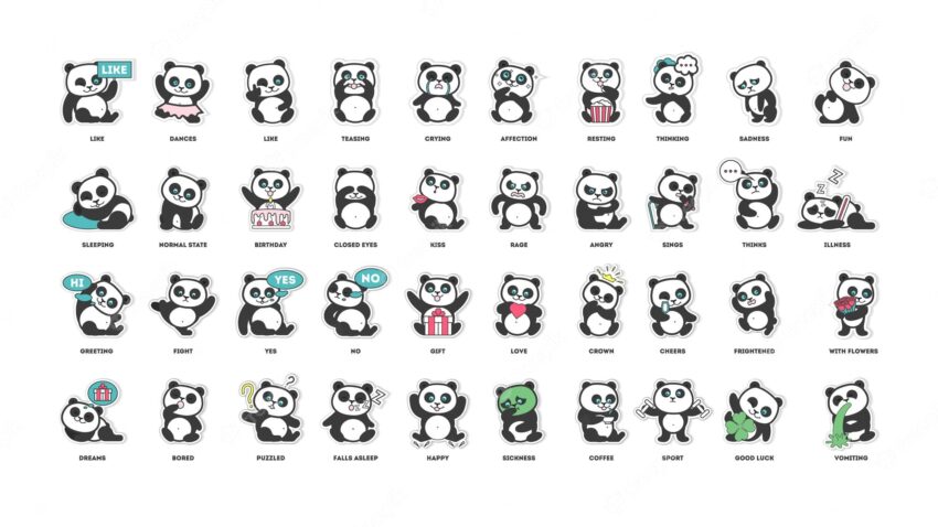 Cute panda stickers collection in different poses different moods vector illustration