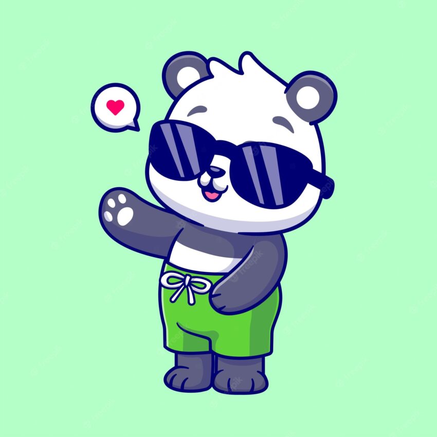 Cute panda summer waving hand cartoon vector icon illustration. animal holiday icon concept isolated