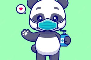 Cute panda wearing medical mask with hand sanitizer cartoon vector icon illustration. animal healthy