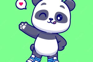 Cute panda wearing shoes and waving hand cartoon vector icon illustration animal nature isolated