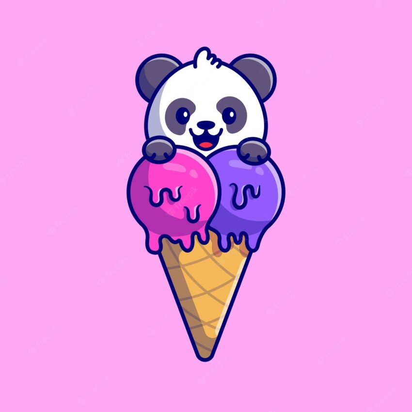 Cute panda with ice cream cone cartoon icon illustration. animal food icon concept premium. flat cartoon style