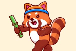 Cute red panda fighting use bamboo cartoon vector icon illustration. animal nature icon isolated