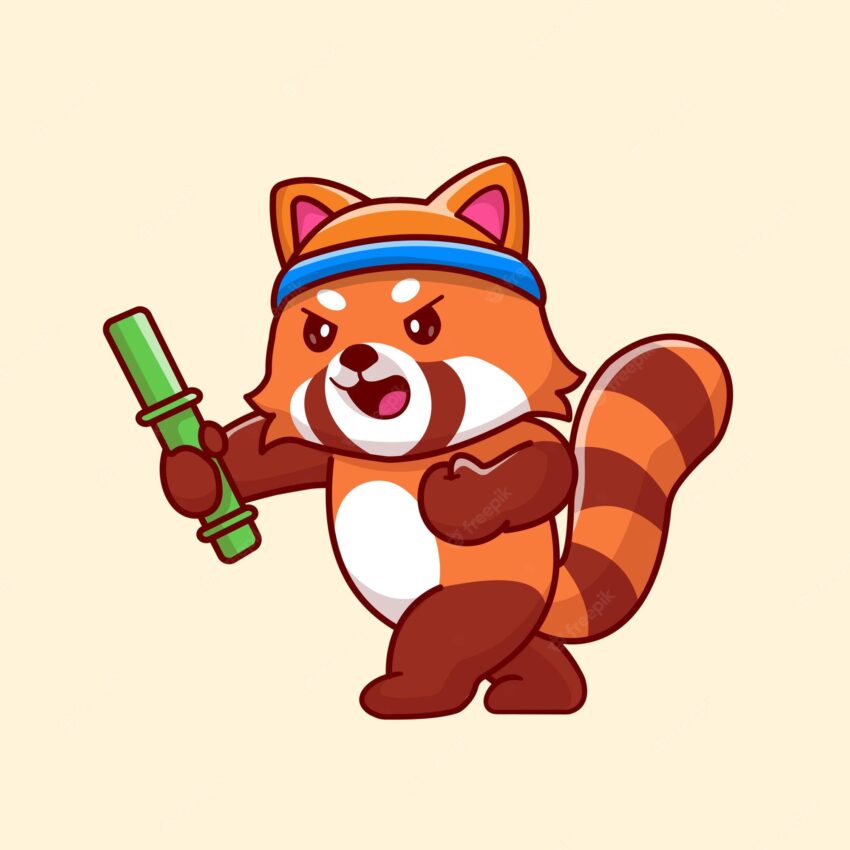 Cute red panda fighting use bamboo cartoon vector icon illustration. animal nature icon isolated