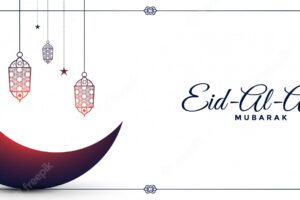 Eid al adha festival wishes banner with moon and lamps