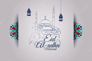 Eid al-adha greeting card with goat head silhouette and mosque