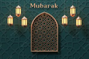 Eid al fitr or eid mubarak luxury realistic islamic 3d green gold background 3d render