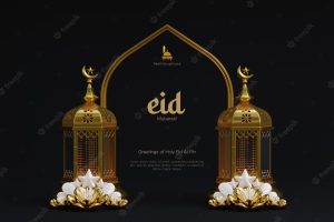 Eid al fitr greeting card template decorated with 3d cute lantern crescent moon and flower