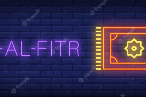 Eid-al-fitr neon sign. glowing bar lettering and prayer carpet