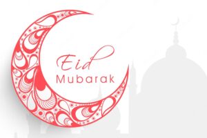 Eid mubarak celebration greeting card with paisley arc drops forming a crescent moon on white silhouette mosque background