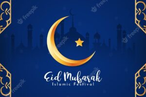 Eid mubarak festival blue banner with golden frame design vector