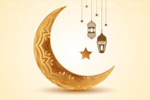 Eid mubarak festival golden crescent moon and lanterns background