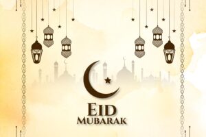 Eid mubarak festival greeting card with lanterns