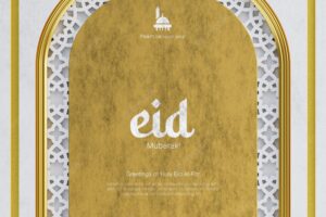 Eid mubarak greeting background with cute 3d crescent moon flowers and islamic ornaments