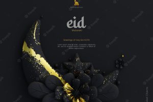 Eid mubarak greeting card background with decorative cute 3d flower crescent ornaments dark scene