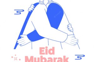 Eid mubarak greeting card with cartoon muslim men hugging each other