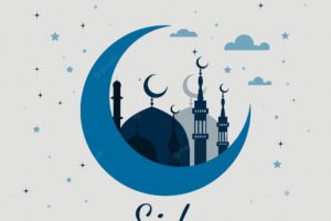 Eid mubarak illustration with moon mosque cloud and attractive design