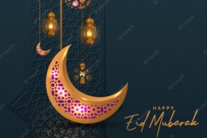 Eid mubarak islamic design with golden lantern and crescent moon