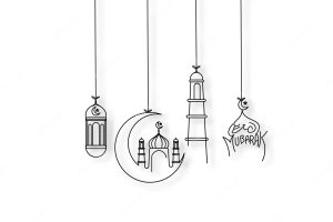 Eid mubarak line art calligraphy stylish lettering ramadan kareem text moon with mosque vector illustration