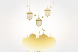 Elegant eid mubarak festival greeting with lamps and mosque