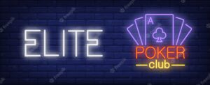 Elite poker club illustration in neon style. text and playing cards
