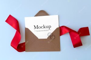 Envelope with red ribbon and rings mockup