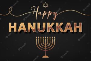 Festive picture with golden text happy hanukkah, chandelier and star of david for jewish holiday