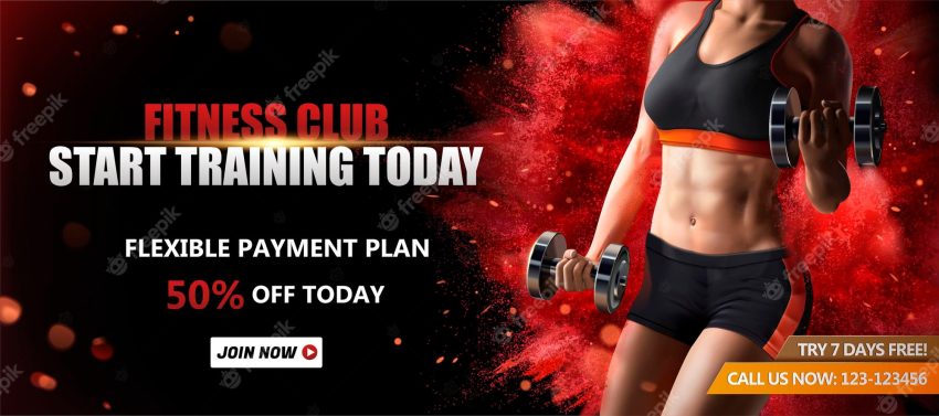 Fitness club banner with a healthy woman lifting weights on red exploding powder effect surface, 3d illustration